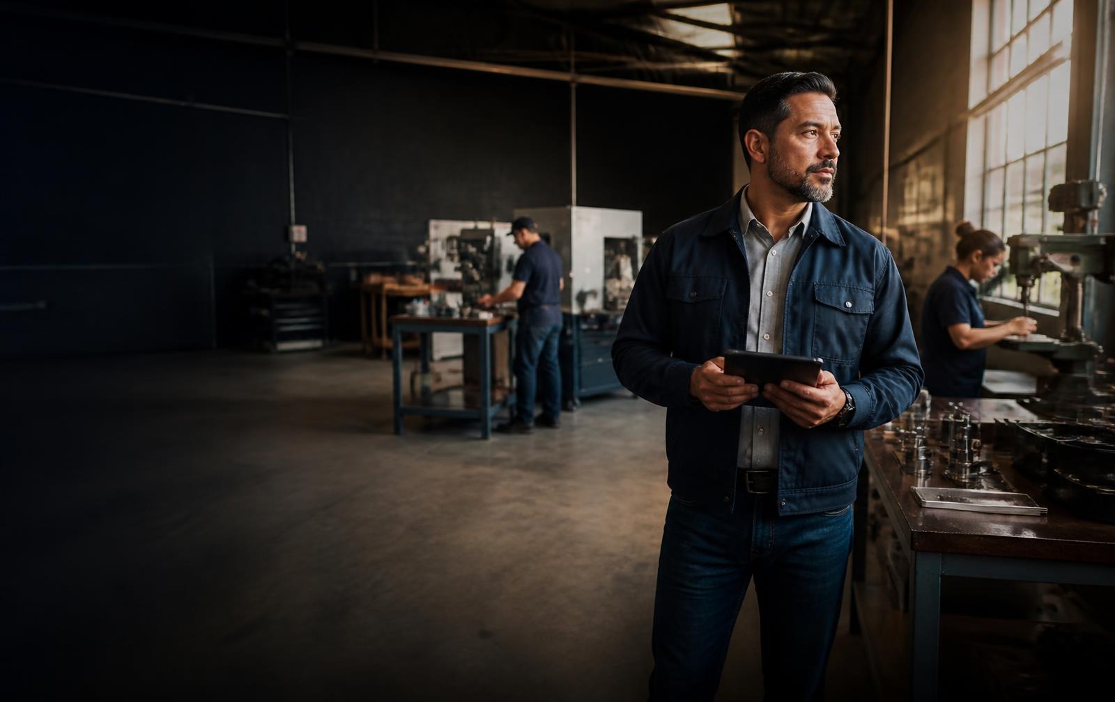 Business owner overseeing operations in an active manufacturing workshop